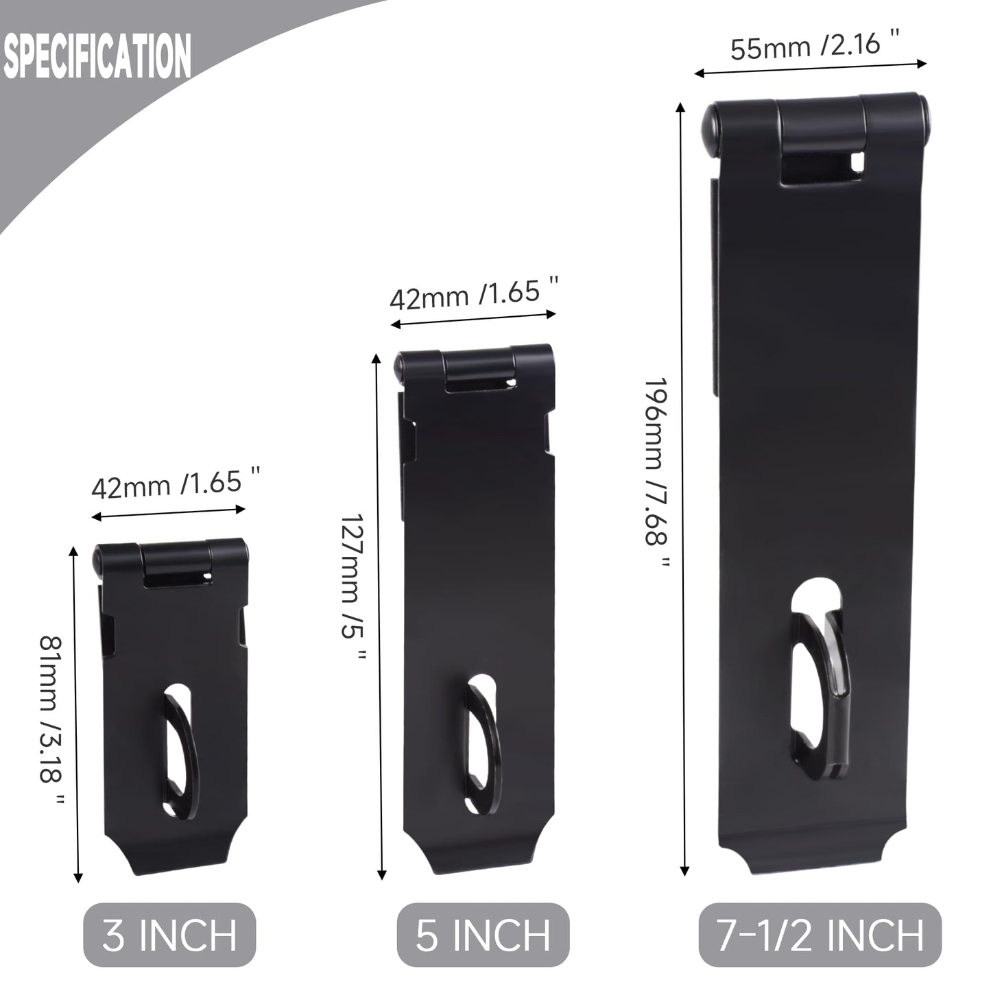 7-1/2 Inch Hasp Latch Heavy Duty, 1 Pack Stainless Steel Padlock Latch 0.11 Inch Thick, Black Finish Security Door Hasp Latch for Gates, Outdoor Doors, Cabinet, Drawer(8 Screws Included)