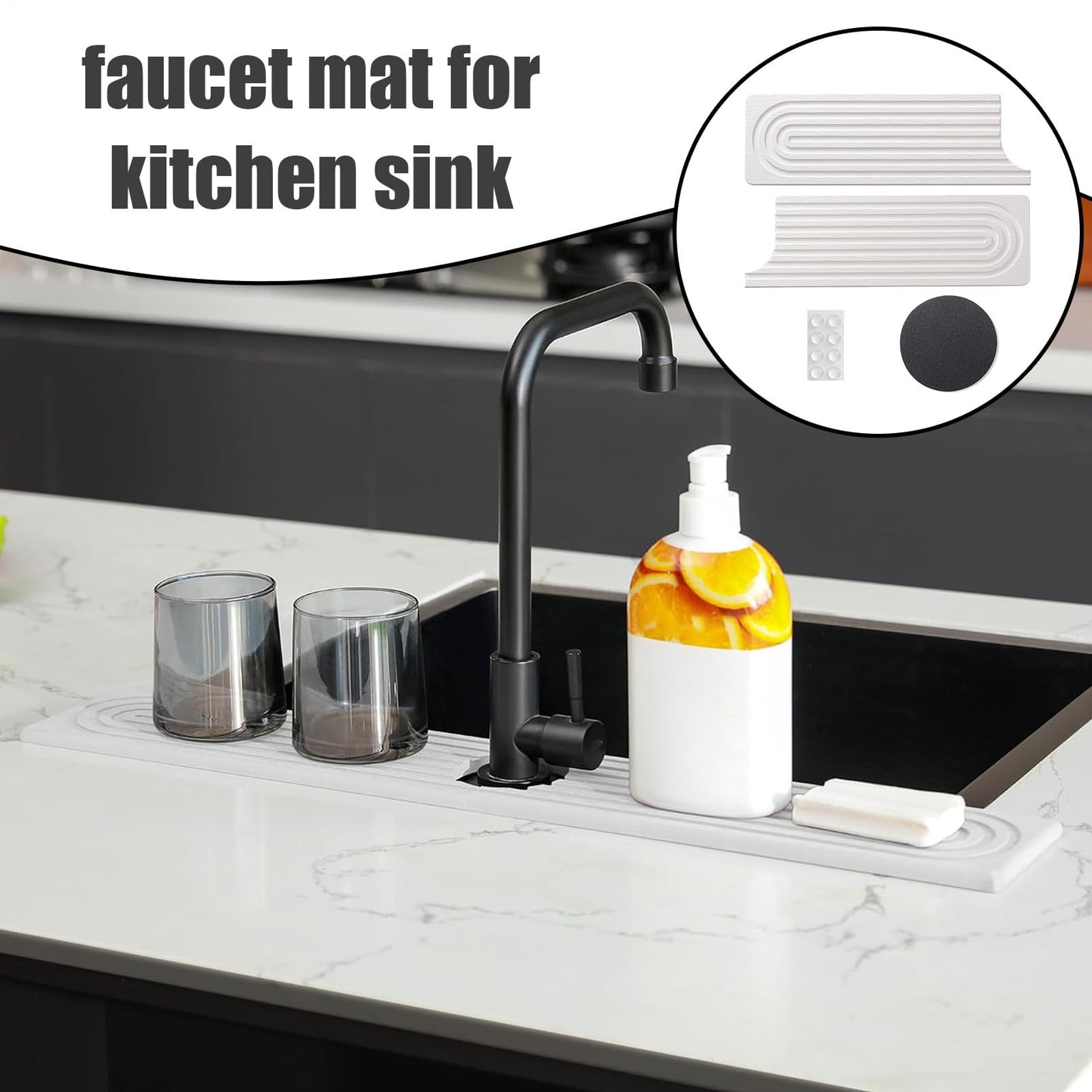 Sink Drip Mat - 12 Inch Diatomite Absorbent Faucet Protector for Free Surfaces, Quick Drying Stone Tray with Splash Guard Function, Kitchen and Bathroom Counter Tray for Soap Water Accessories