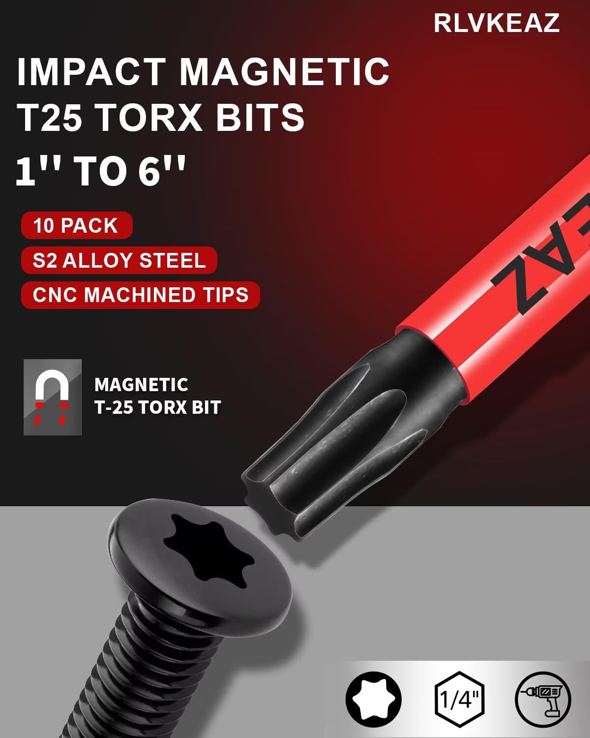 10-PCS T25 Torx Bits for Impact Driver, (1'' to 6'' Long) T-25 Star/Torx Bit Set, Premium Solid S2 Steel, Magnetic High-Torque, 1/4'' Hex-Shank for Auto Repair, Deck Building & DIY Projects