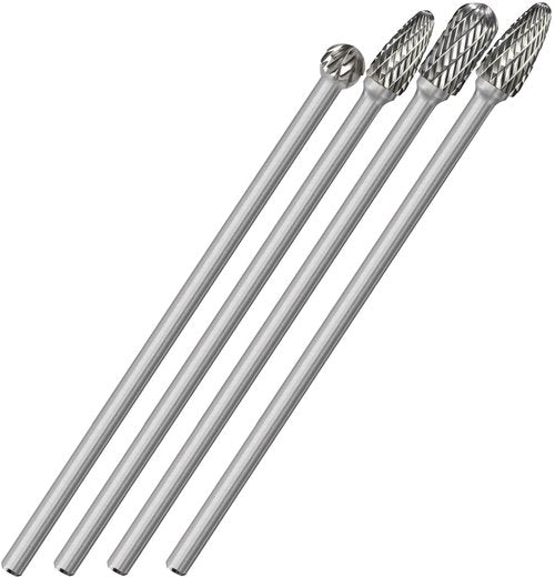 Sworker 4Pcs Long Carbide Burr Set 1/4" Shank Total L 6.1" Die Grinder Bits Rotary Rasp Attachment Cut Port Grind Metal Cast Iron Steel Aluminum Cylinder Head Engine Intake Exhaust Manifold Tight Area