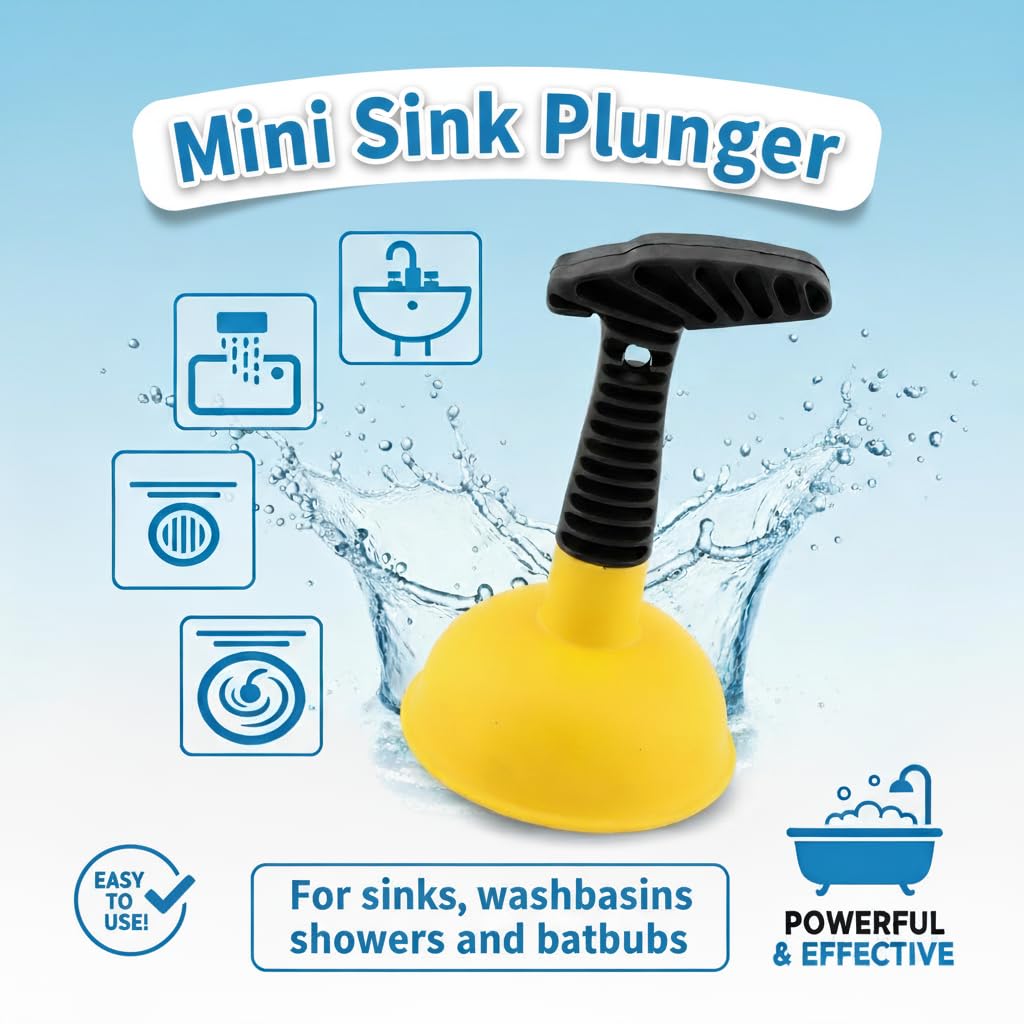 Sink Plunger, Mini Plunger with Short Handle & Drain Clog Remover, Easy to Use Powerful Unclogging Tool for Kitchen Sink, Shower Tub, Bathroom Drains, Bath
