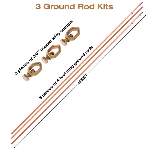 CYANTEKOMS 3 Pack Grounding Rod with Clamp 4 Feet Long Copper Electrical Ground Rod for Electric Fences Satellite Dishes Generator Grounding Earthing ((Set of 3) 3/8’’ x 4 Feet Ground Rod Kit)