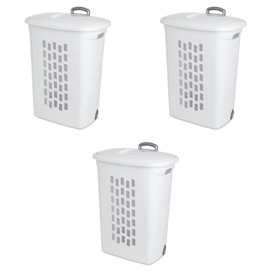 Sterilite 3-Pack Ultra Wheeled Hamper, Laundry Basket w/ Flip-Top Lid & Retractable Handle - Plastic Rolling Clothes Storage Cart with Ventilated Holes for Home, Apartment or Dorm
