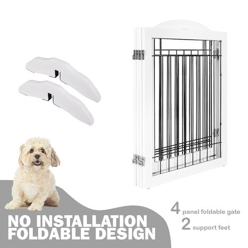 SPIRICH 96-inch Extra Wide 30-inches Tall Dog Gate with Door Walk Through, Freestanding Wire Pet Gate for The House, Doorway, Stairs, Pet Puppy Safety Fence, Support Feet Included (White)