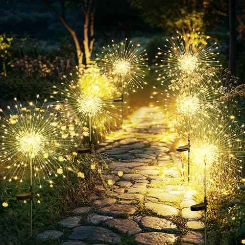 GIGALUMI Garden Decor Outdoor Lights 120LED 6Pack, Solar Garden Lights for Christmas Outside Fairy Firework Decorative,Solar Powered for Yard Pathway Flowerbed Planter Balcony Patio Decor (Warm White