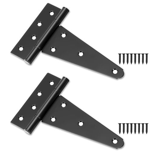 6 Inch T-Strap Shed Door Hinges, 2 Pack Heavy Duty Tee Hinge, T-Gate Hinges, Gate Strap Hinges, Black Wrought Hardware for Wooden Fences, Barn Door, Shed Doors