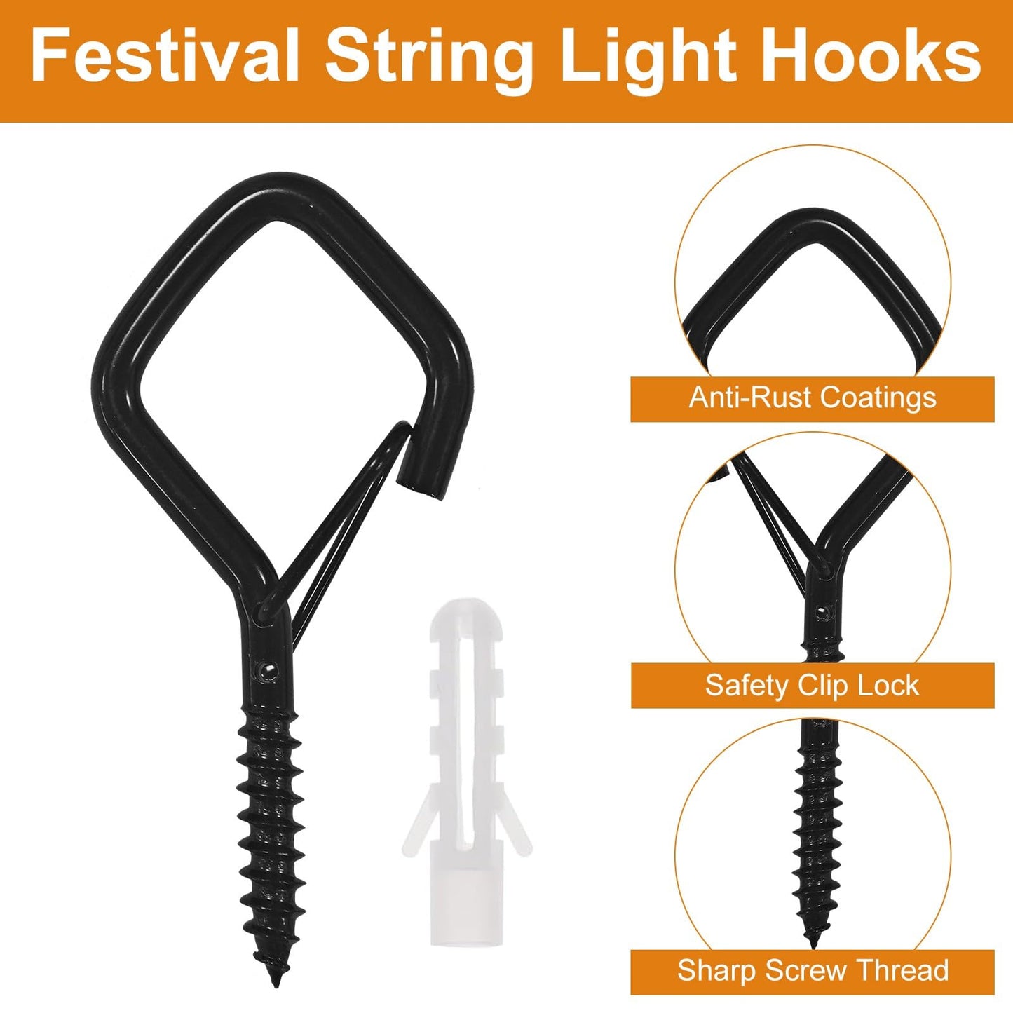 42 Pcs Screw Hooks for Outdoor String Lights, Q-Hanger Hook with Safety Buckle, Patio Wall Ceilling Square Eye Cup Hook for Hanging Plant Pots Christmas Decor Wire Fairy Led, Wind Nut Driver, Black