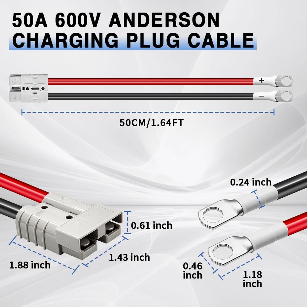 2 Pcs Battery Quick Connector, Anderson Connector 50A Kit, Plug 8 Guage 1.64ft Cables, 50A Battery Quick Connector, Anderson Connectors for Battery Cars, Sightseeing Cars, Tractors, Motors
