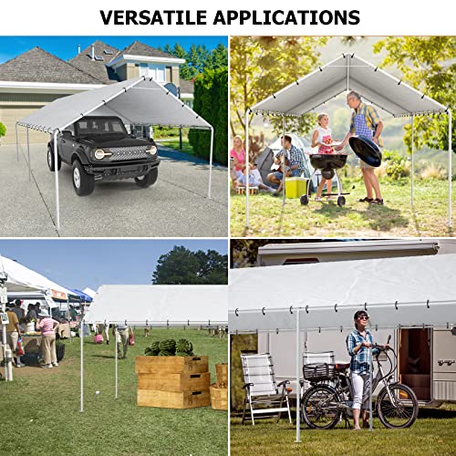 10x20ft White Carport Canopy Replacement Cover with Bungee Cords - Waterproof UV Resistant Shelter