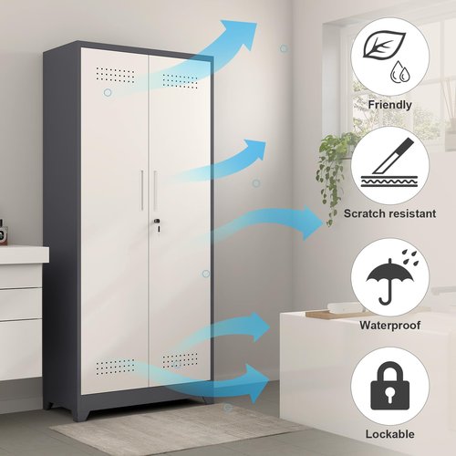 GREATMEET 72.8" H Utility Closet, Broom Closet Storage Cabinet with Adjustable Shelves and Pegboard, Utility Cabinet for Brooms and Mops, Grey-White