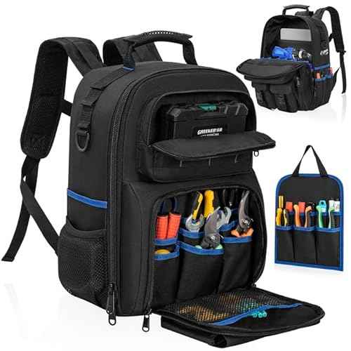 Tool Backpack, Heavy Duty Tool Bag with Padded Shoulder and Removable Tool Organizer, Water-Resistant Work Backpack, for Electrician, Plumber, HVAC, Cable Repairman, Black & Blue