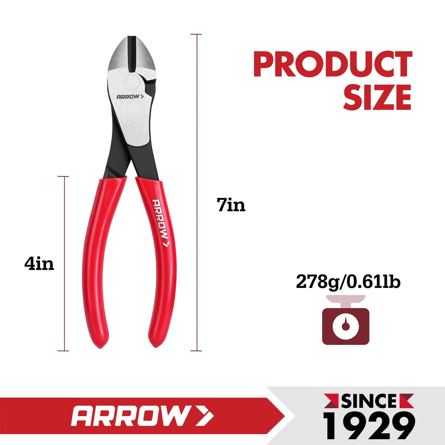 ARROW 7" High Leverage Diagonal Cutting Pliers, Heavy Duty Wire Cutters with Comfortable Grip, Side Cutters for Cutting Wires