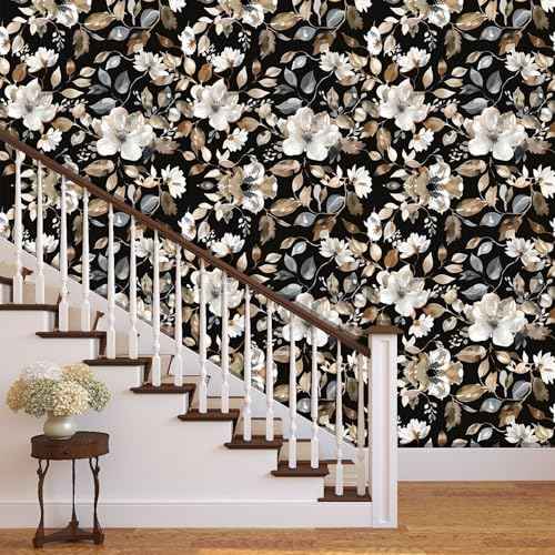 Vintage Dark Black Floral Peel and Stick Wallpaper Modern Botanical Flower Waterproof Removable Self Adhesive Vinyl Contact Wall Paper for Farmhouse Bathroom 17.7" X 354" Roll