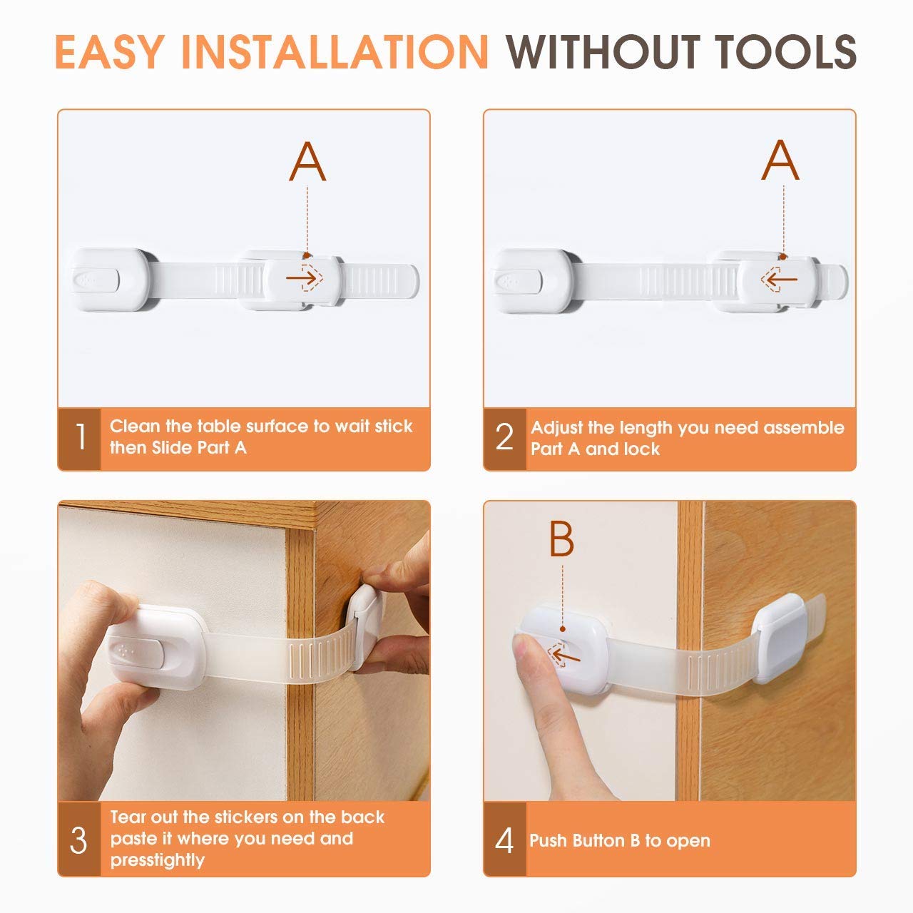 Baby Safety Strap Locks 10 Pack - Cabinet Locks Baby Proofing for Baby Proofing Cabinets & Drawers, Child Proof Cabinet Locks, Fridge Lock & Oven Lock Child Safety, Adjustable No Drill, White