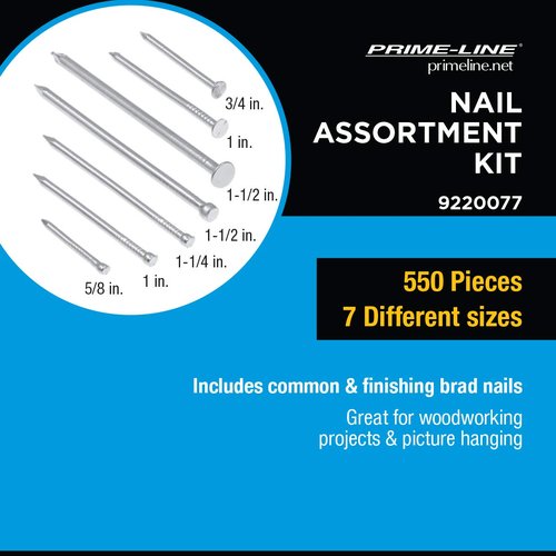Prime-Line 9220077 Nail Assortment Kit. Plastic Compartment Box Includes Common, Finish (Single Pack)