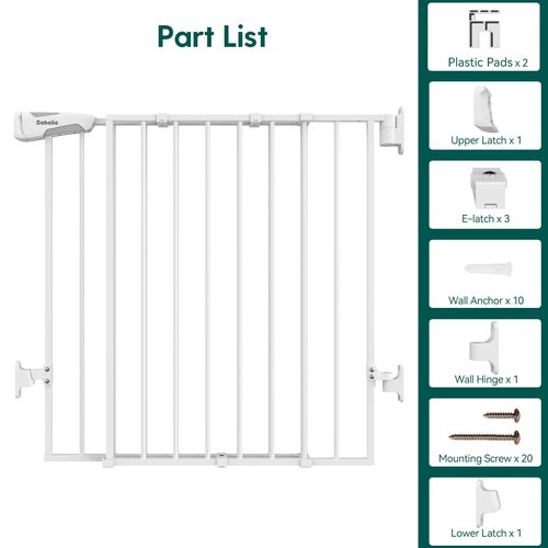 Babelio 26-43" No Bottom Bar Baby Gate for Babies, Elders and Pets, 2-in-1 Hardware Mount Dog Gate for The House, Stairs and Doorways, with Large Walk Thru Door, White