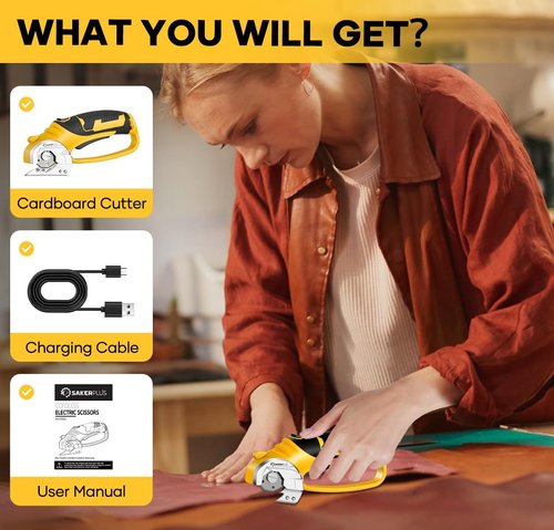 SakerPlus Cordless Electric Scissors, 4V Cardboard Cutter, Box Cutter Fabric Scissor with Safety Lock & LED Light, Rechargeable Power Rotary Cutters for Box Carpet Fabric Plastic Leather