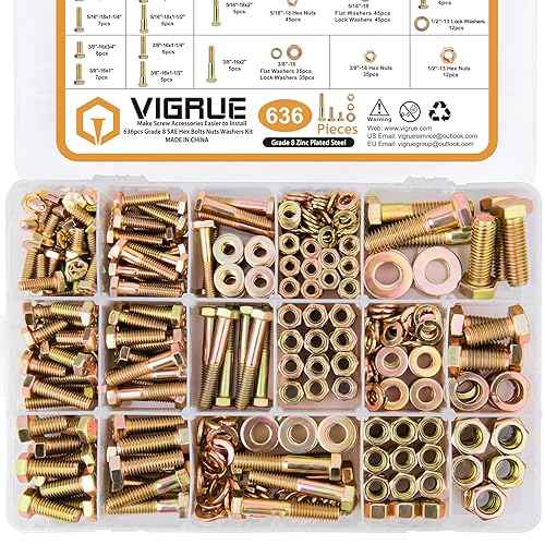 VIGRUE 636PCS Grade 8 Bolt Assortment Kit, 1/4-20, 5/16-18, 3/8-16, 1/2-13 Heavy Duty SAE Bolts and Nuts Washers Kit