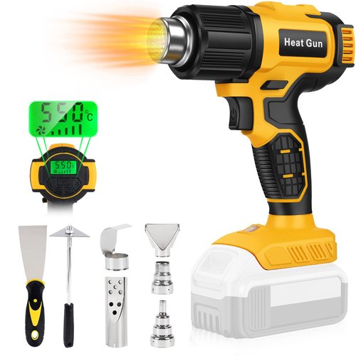 Foduuo Compatible with Cordless Heat Gun Dewalt 20V Battery,LED Light,350W Fast Heating Hot Air Gun 122℉-1022℉ Variable Temperature Control,5 Nozzle for Craft Shrinking PVC Stripping Paint-No Battery