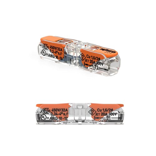 221-2401 | WAGO Lever-Nuts® Inline Splicing Connector | for Solid and Stranded Conductors | 2-Conductor with Operating levers | 24-12 AWG | Transparent housing | White Cover | [Box of 60 Pieces]