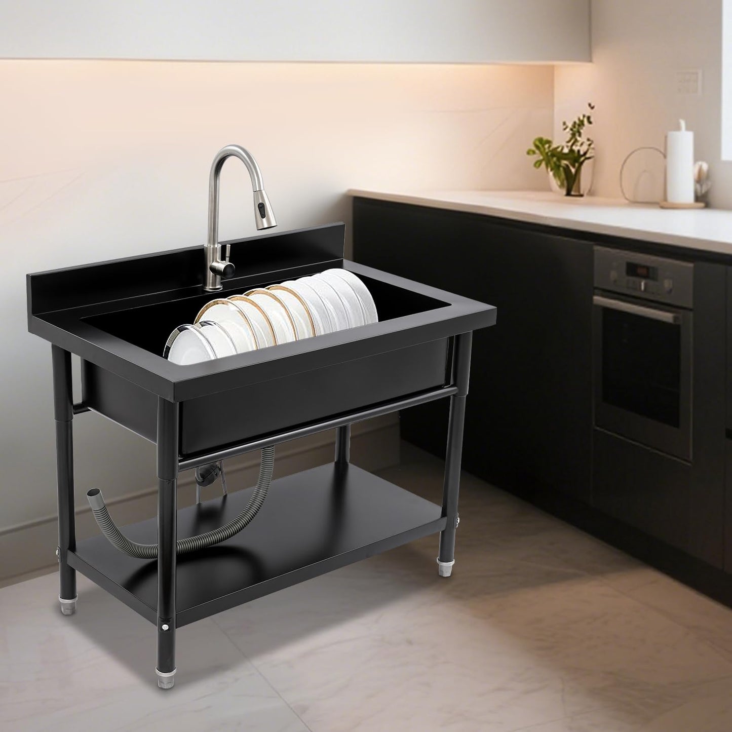 Stainless Steel Utility Sink, Freestanding Commercial Kitchen Sink with Pull-Out Faucet, Large Capacity Laundry Sink, Single Bowl Garage Sinks for Garage Basement Outdoor Indoor Use (Black)