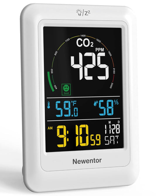 Newentor CO2 Monitor, Indoor Air Quality Meters, Carbon Dioxide Detector with Voice Alert, Large Display CO2 Tester, Temperature Humidity Sensor, Alarm Clock for Home, RV, Grow Tents, Black