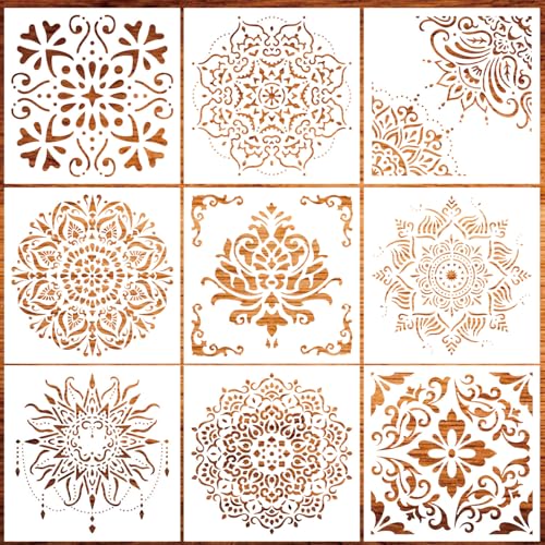 9 Pack 12 x 12 Inch Large Mandala Stencils, Furniture and Wall Mandala Stencils for Crafts Reusable for Wood, Canvas, Fabric and Spray Painting