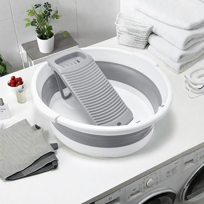 MEOENFT Gray Large Collapsible Laundry Basin with Removable Washboard