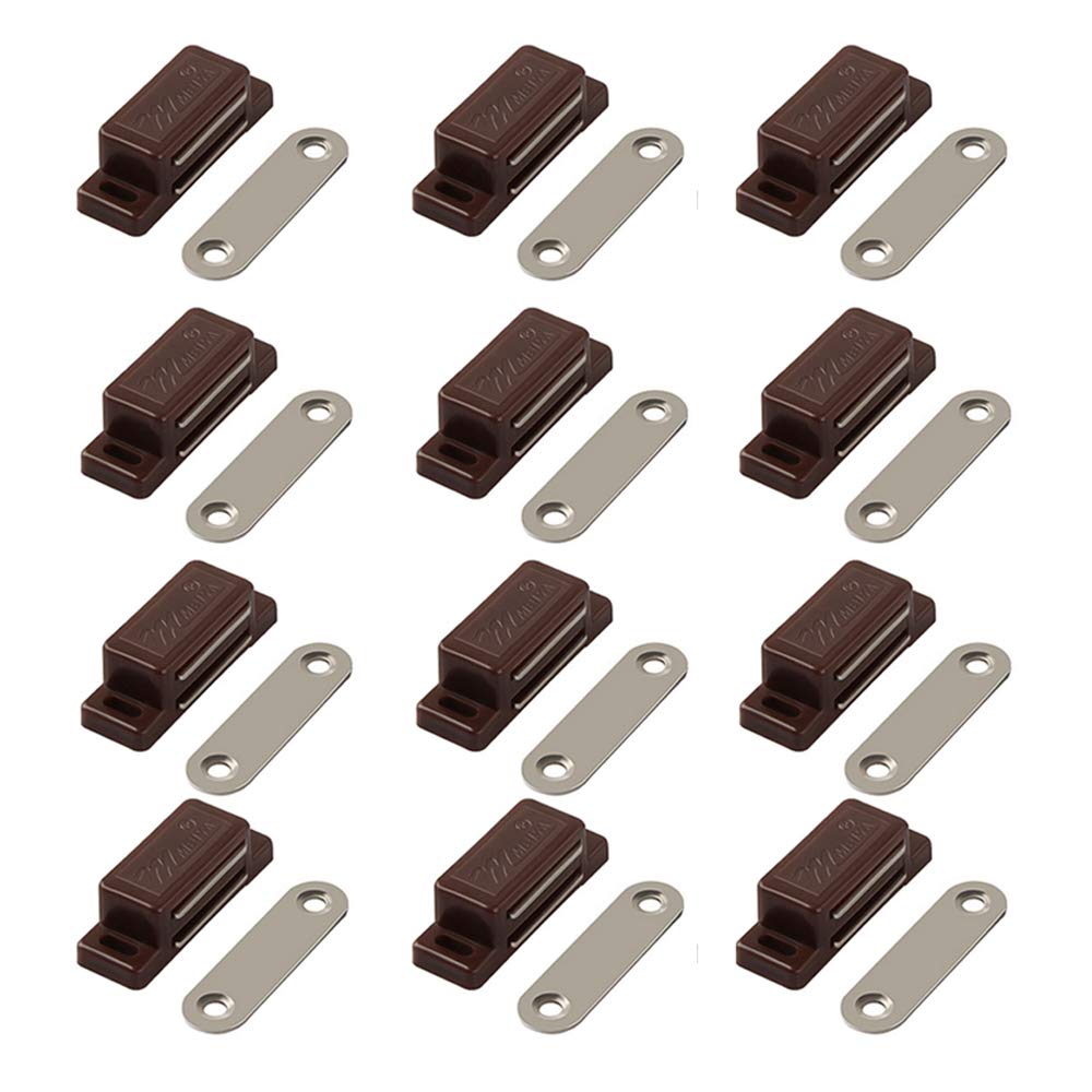 QEDT Cabinet Magnet Latch - Best for Cabinet Doors, Cupboards, Drawers and Shutters - Cabinet Magnetic Latch Easy Install - Magnetic Cabinet Catch Screws Included - Set of 12（Brown）