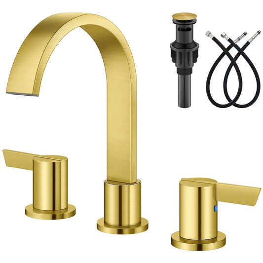 Aolemi Waterfall Bathroom Faucets 3 Hole 8 Inch Widespread Bathroom Sink Faucet 2 Handles with Pop-up Drain and Supply Hose Suitable for Vanity RV Restroom Brushed Gold