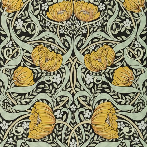 Yellow Boho Floral Wallpaper Peel and Stick Flowers Contact Paper 17.5"¡¿118" - Mid Century Style William Morris Self Adhesive Vinyl Removable Wall Paper for Kitchen Bedroom Renter Friendly Home Decor