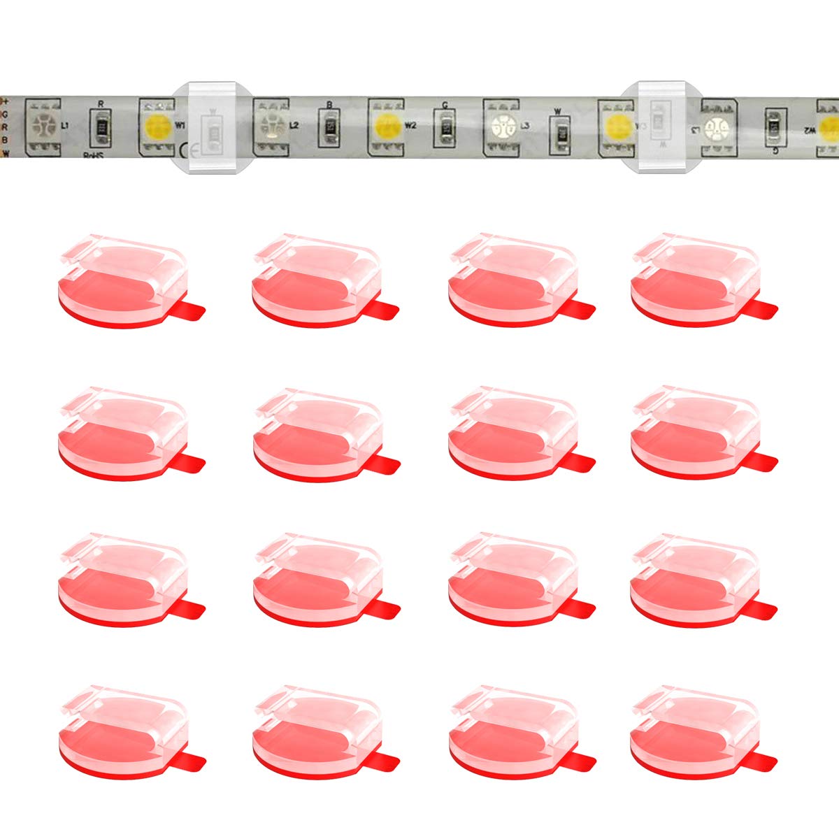 ATB- Clear LED Strip Light Mounting Clips,100 Pack Self-Adhesive Brackets Holders for10mm 12mm Waterproof LED Strips, USB Cable Management Clips for Wires Under 0.12 Inch Diameter, Strong V-HB Tape