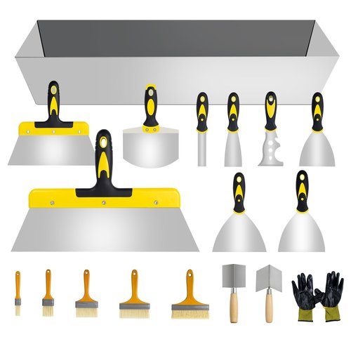 18 pcs Putty Knife Set,Drywall Knife,Espatulas Drywall Kit With Mud Pan,1” 2” 3” 4” 5” 6” Spackle Knife,7” 10” 14” Taping Knives,External Corner Trowel & Internal Corner Trowel,5 Brushes And Gloves