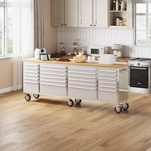 IDEALHOUSE 96 inch Rolling Tool Chest, Garage Workbench with 24 Drawers, Solid Rubber Wood Top & with Wheels Lock Key Locking, Mobile Workstation Tool Cabinet for Workshop Storage