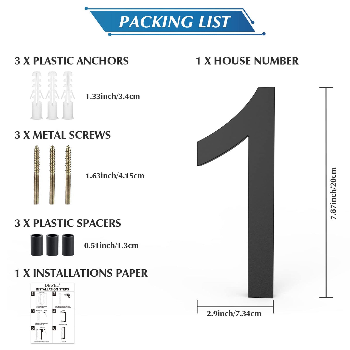 DEWEL 8 inch Floating Large House Numbers for Outside, Black Modern House Address Numbers Decor for 911 Visibility Signage with Nail Kits (House Number 1)