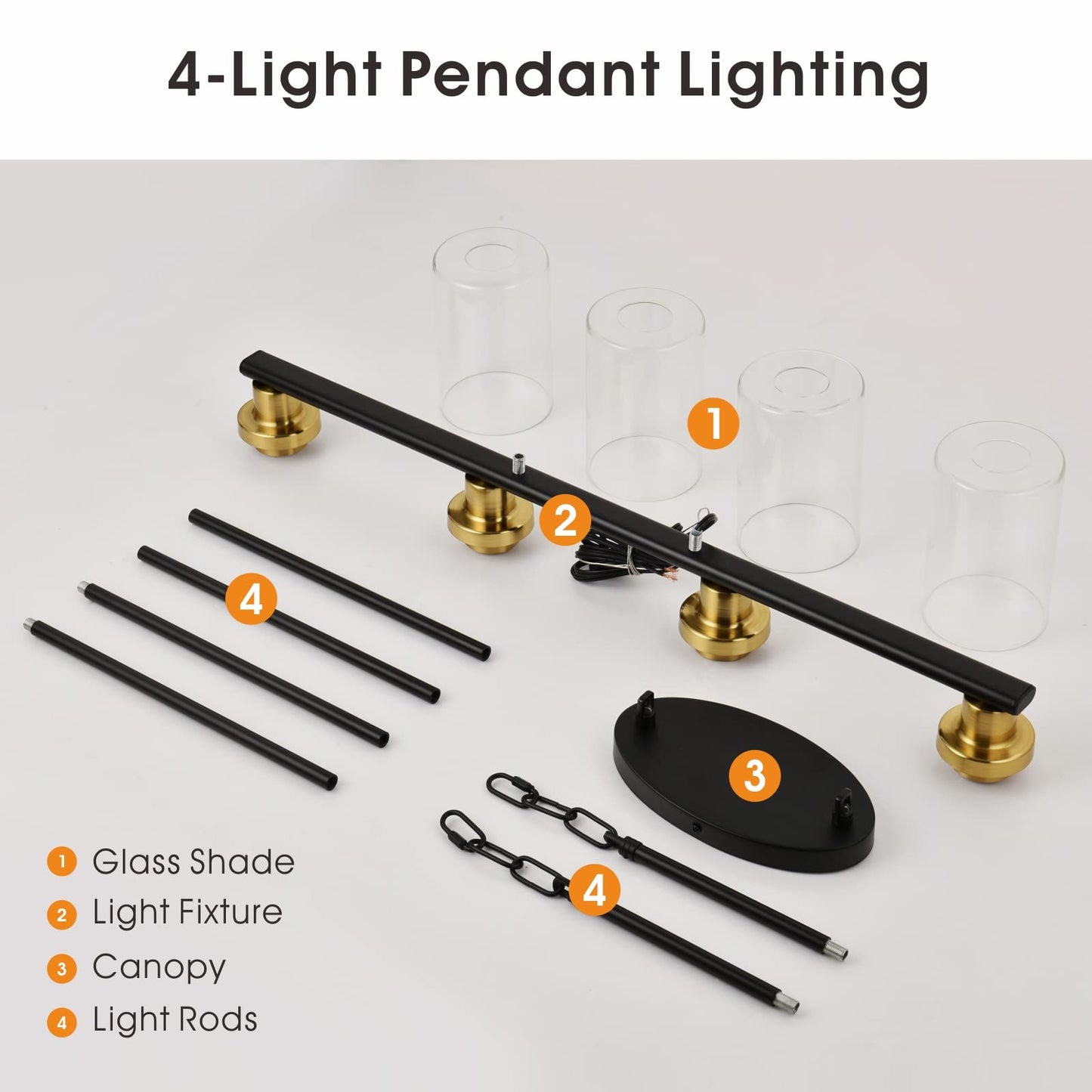 KPIOK Island Lights for Kitchen, 4-Light Farmhouse Dining Room Light Fixtures Over Table, Matte Black and Gold Linear Chandeliers for Dining Room，Industrial Pendant Lighting with Clear Glass Shade
