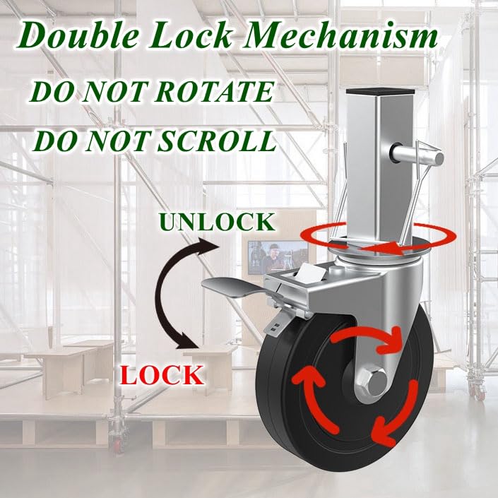 MSWY 5 Inch Scaffolding Casters Set of 4 Heavy Duty Rubber Wheels with Dual Locking Brakes - Model 5in-4, 1760Lbs Capacity