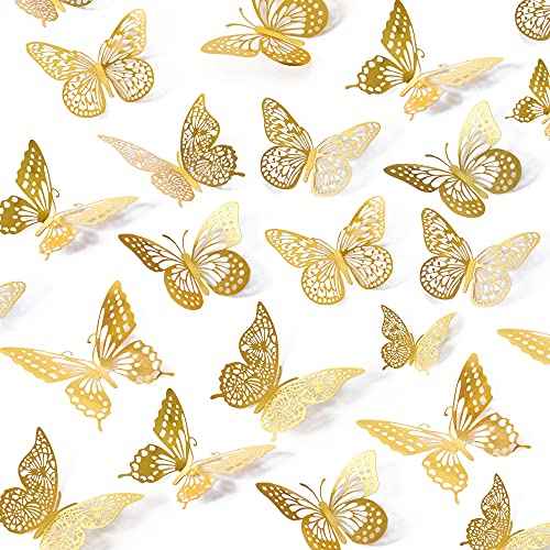 SAOROPEB 3D Butterfly Wall Decor - 48 Pcs, 4 Styles, 3 Sizes, Gold Butterfly Decorations for Birthday & Party Celebrations, Removable Stickers
