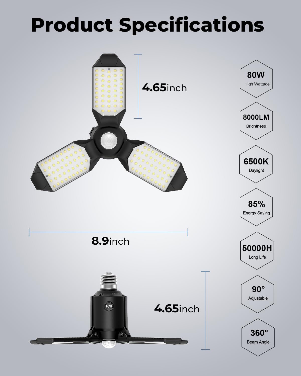 toberich Motion Sensor Garage Light, 8000LM LED Garage Lights Motion Activated, 3 Switch Modes, 6500K Indoor Motion Sensor Light Bulb for Garage, Stairway, Laundry Room, Basement (1 Pack)