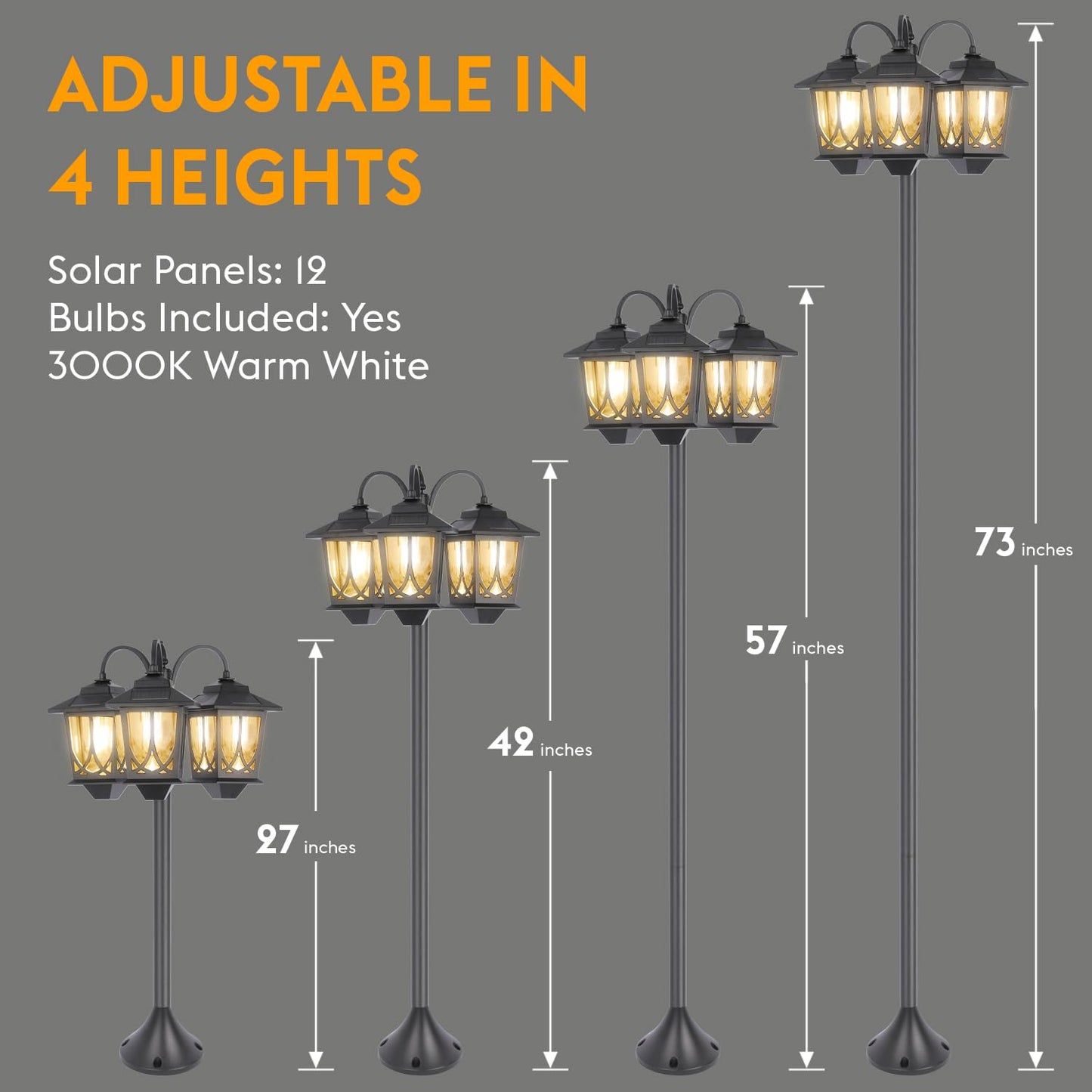 SAKSIAPRO 3-Head Solar Lamp Post Light, 73" Solar Lights Outdoor Waterproof, 60Lm 3000K Pathway Lights for Garden, Lawn, Yard