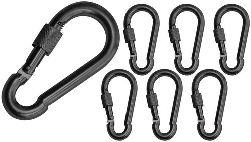 Branded Boards Black & Silver Heavy Duty Bushcraft Locking Thumb Screw Closure Zinc-Galvanized Steel Carabiner Spring Snap Clip Link Hooks 200-400lb Load. 6 & 12 Packs (5cm 6-Pack Black)