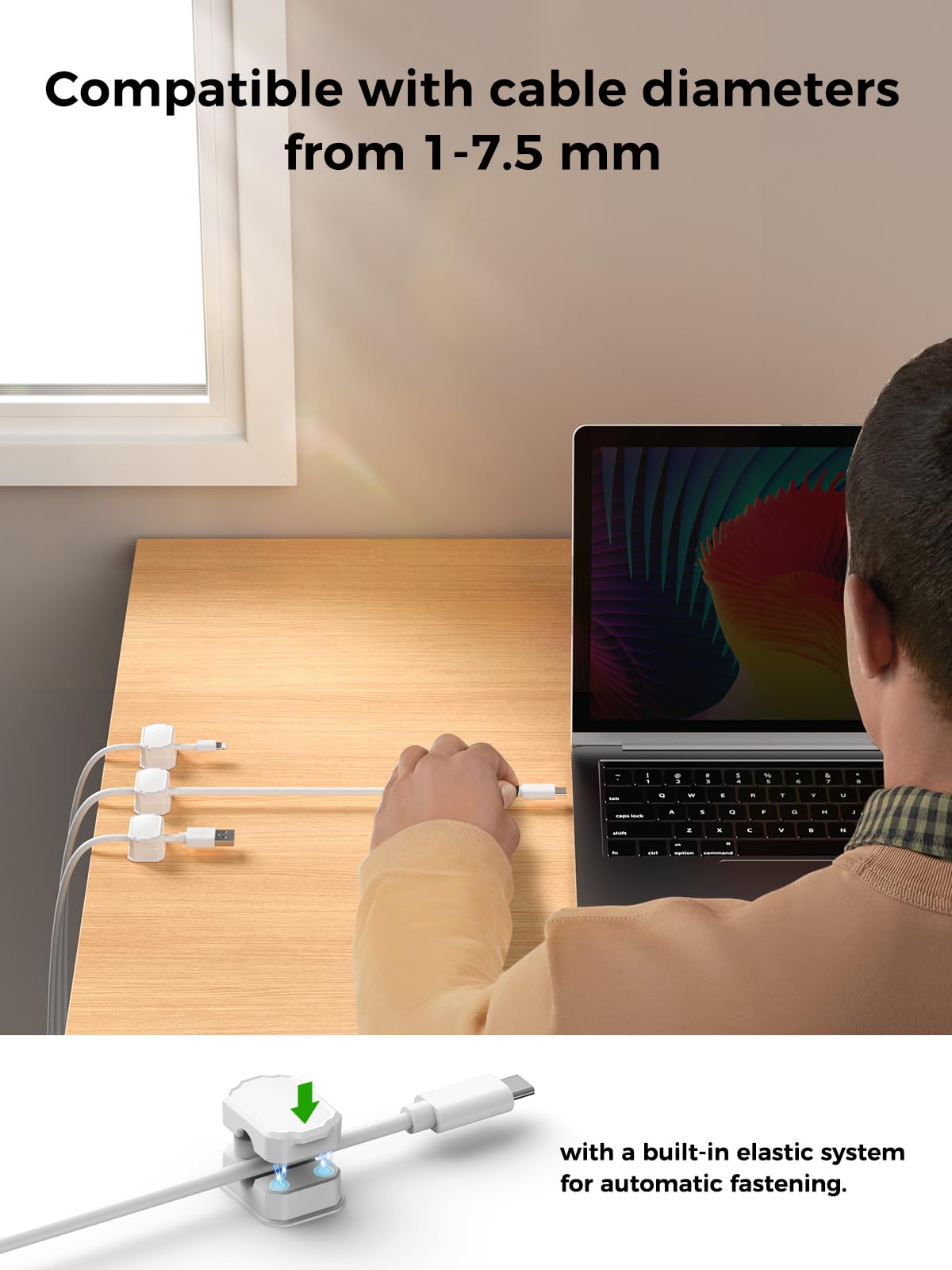 KMOUANTS 6 Pack Elastic Cable Clips [auto Tighten] Cable Holder, Desk Cable Management, Cord Organizer for Home Office Desk Phone car Wall Mounted Desktop nightstand Cable Management（White