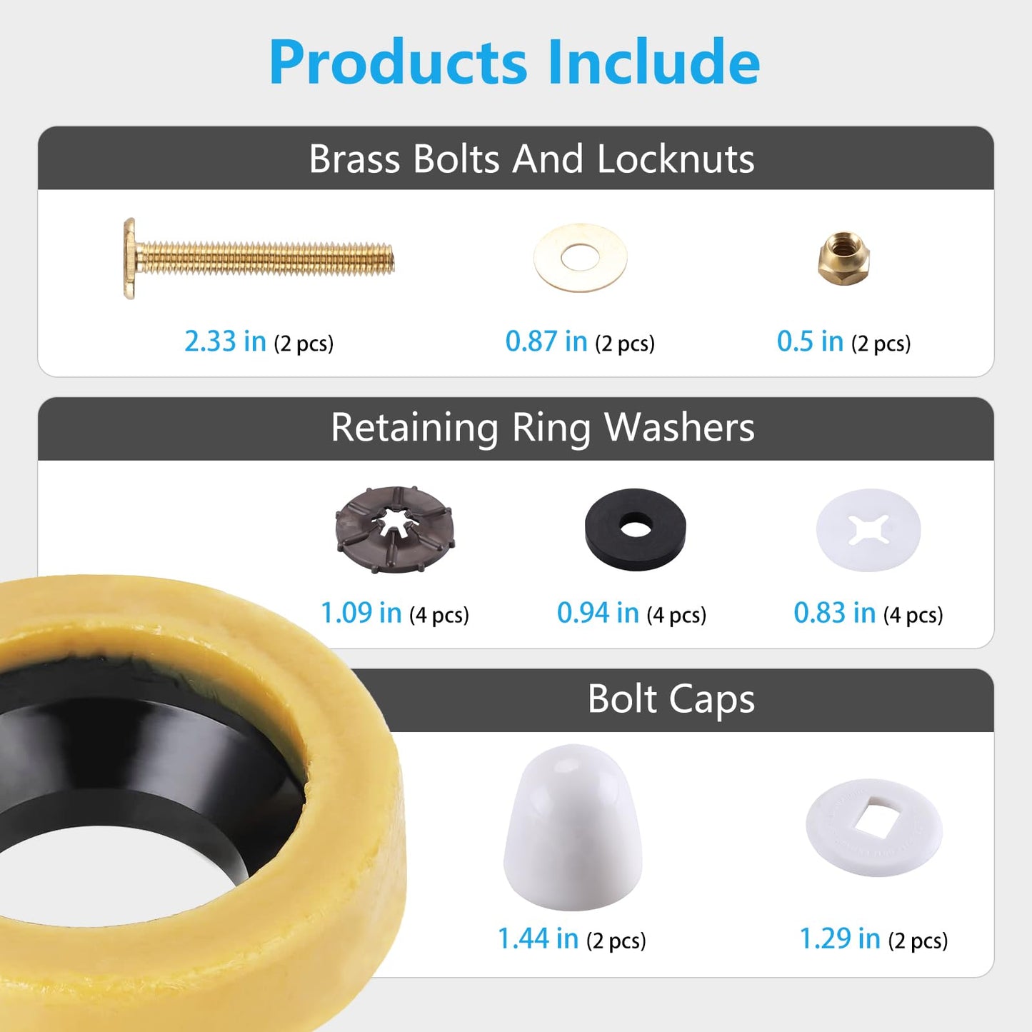 Toilet Wax Ring Replacement Kit, Wax Ring for Toilet Base with Brass Bolt for 3-Inch or 4-Inch Floor-Mounted Toilet Drain Pipe