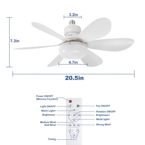 QIHANS 2 in 1 Socket Ceiling Fan with Light, 20.5 inch Screw in Small Ceiling Fans, E26/E27 Base Dimmable Light Socket Fan, 3000-6500K LED Light Bulb with Remote for Bedroom Kitchen Garage