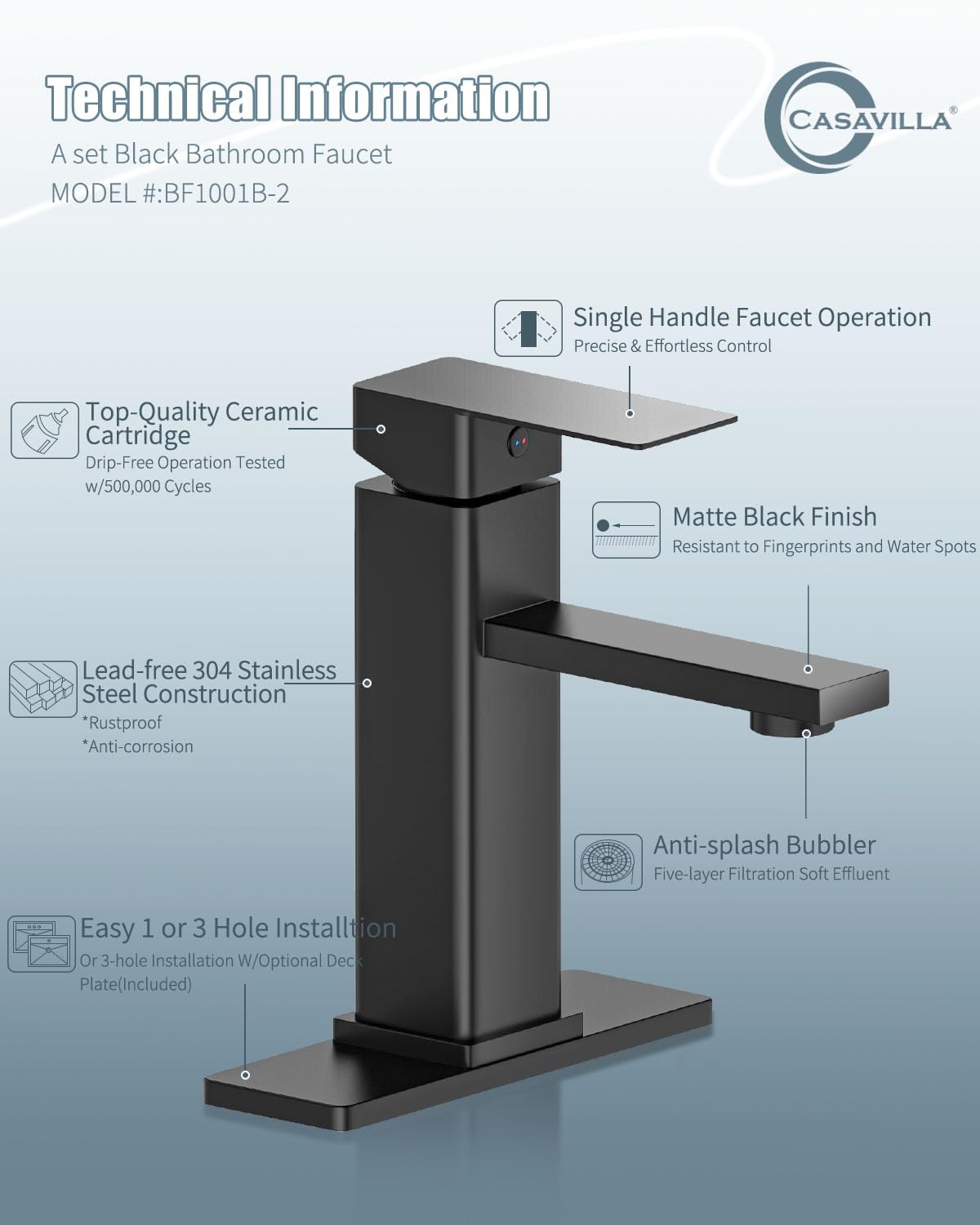 Casavilla Bathroom Faucets Set with Pop Up Drain, Modern Single Handle Black Bathroom Sink Faucet w/Deck Plate(1 or 3 Hole), Farmhouse RV Vanity Sink Faucet-2 Sets, baño lavamanos Llave