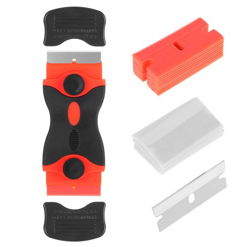 Jeffdad Razor Blade Scraper Tool, Double Edged Plastic Glass Remover Cleaning Scraper with 10 Steel Blades and 10 Plastic Blades for Paint Decal Glue Sticker Adhesive Label and Caul