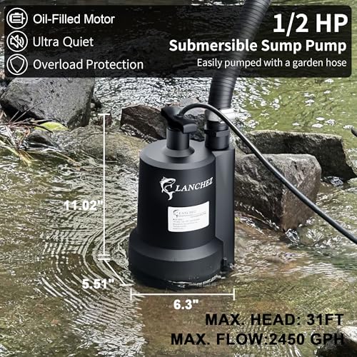 LANCHEZ 1/2 HP Submersible Water Pump - 2450 GPH Utility Sump Pump for Pool, Basement, Garden, Hot Tub