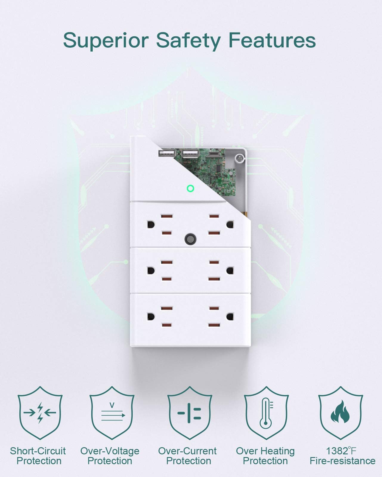 Addtam Outlet Extender with 12 AC Outlets and 3 USB Ports (1 USB-C), White