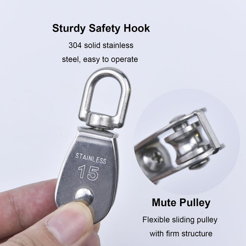 abolius 4 Pack M15 Lifting Single Pulley Block, 304 Stainless Steel M15 Crane Swivel Hook, Wire Rope Hanging Wire Towing Wheel, Heavy Duty Single Wheel Swivel Lifting Rope Pulley Block