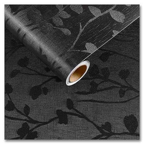CRE8TIVE Black Wallpaper Peel and Stick Textured Embossed Silk Wallpaper 12"x80" Self Adhesive Black Contact Paper for Cabinets Waterproof Vinyl Roll Branch Leaf Removable Wall Paper for Bathroom Wall